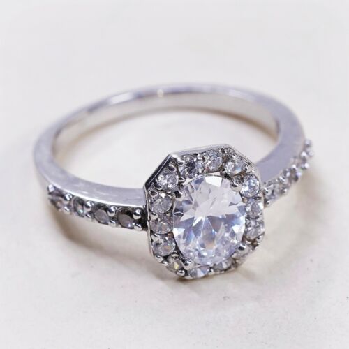 Sz 9, Vtg Sterling Silver Fashion Ring, 925 Silver Engagement Ring W/ Cz