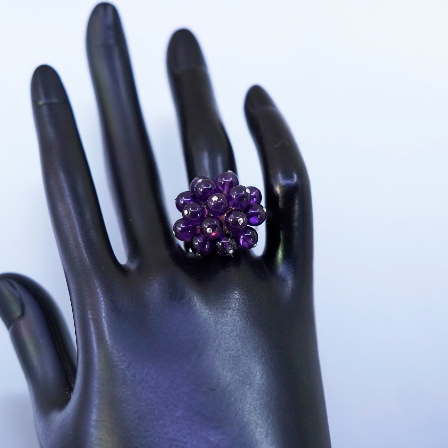Size 8, vintage Sterling 925 silver handmade ring with cluster amethyst