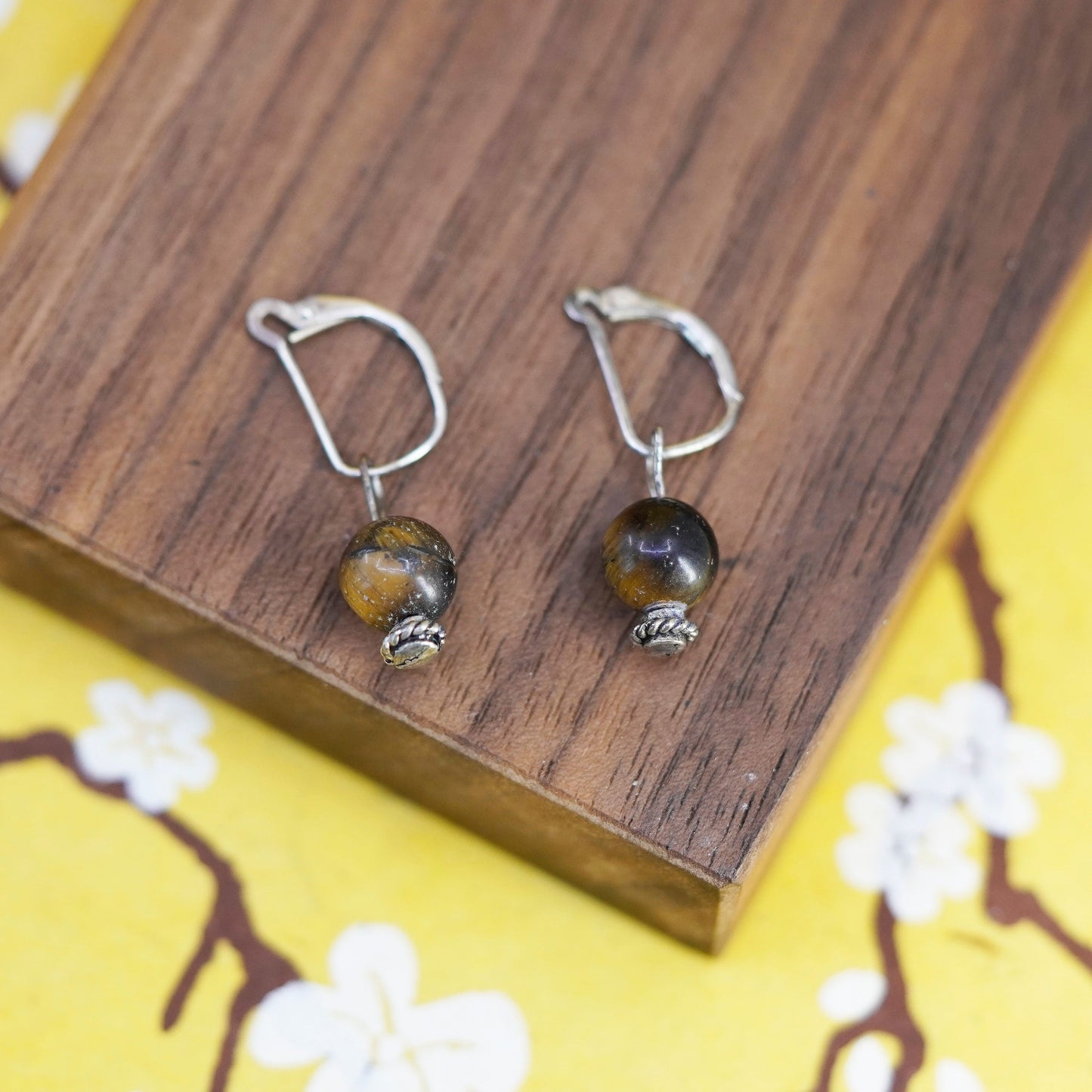 Vintage Sterling 925 silver handmade earrings with golden cat’s eye beads