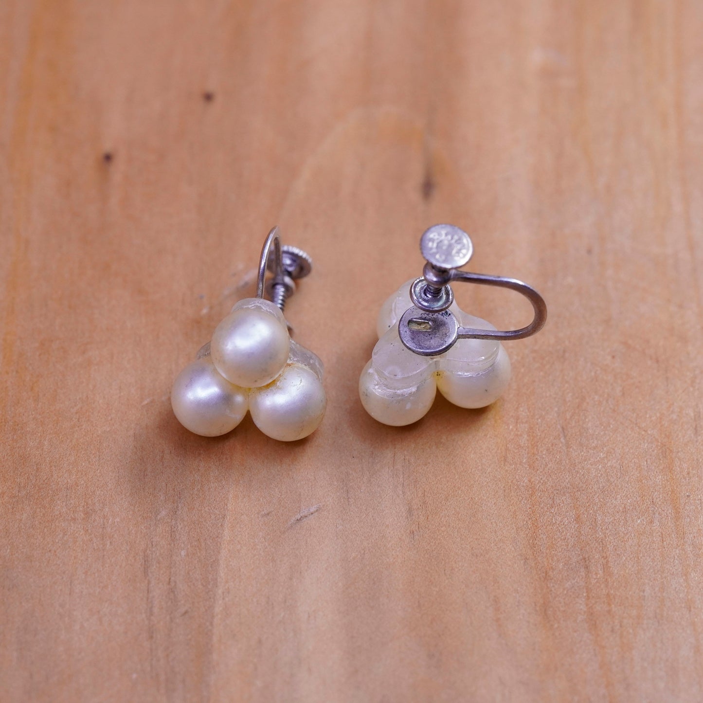 Vintage Sterling 925 silver screw handmade earrings with pearl