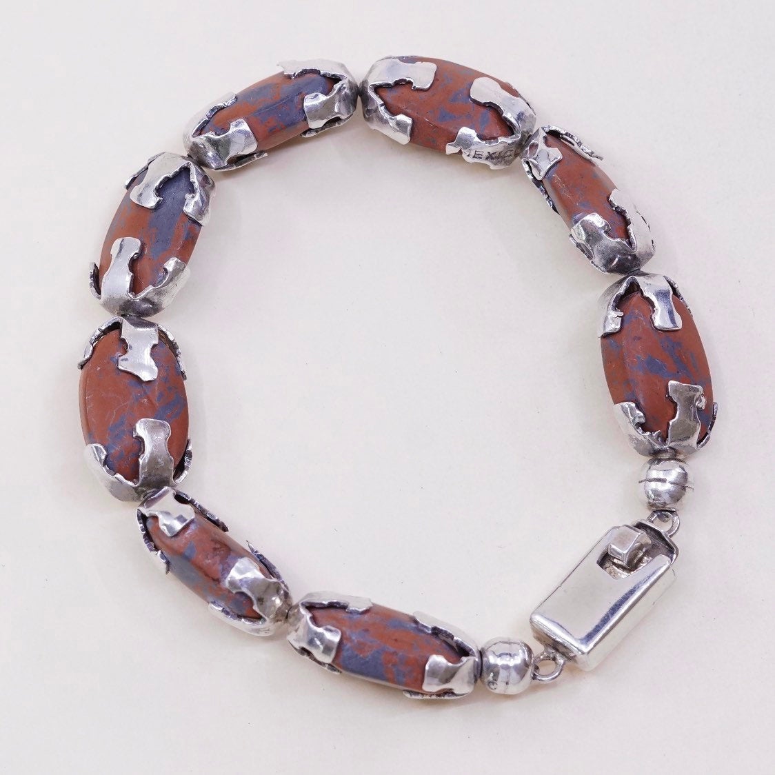 7”, VTG Sterling silver handmade bracelet, Mexico 925 w/ Oval bloodstone