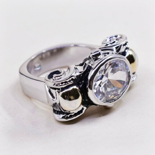 Size 6.5, Vtg Two Tone Sterling 925 Silver Handmade Ring W/ Gold Tone Beads N Cz