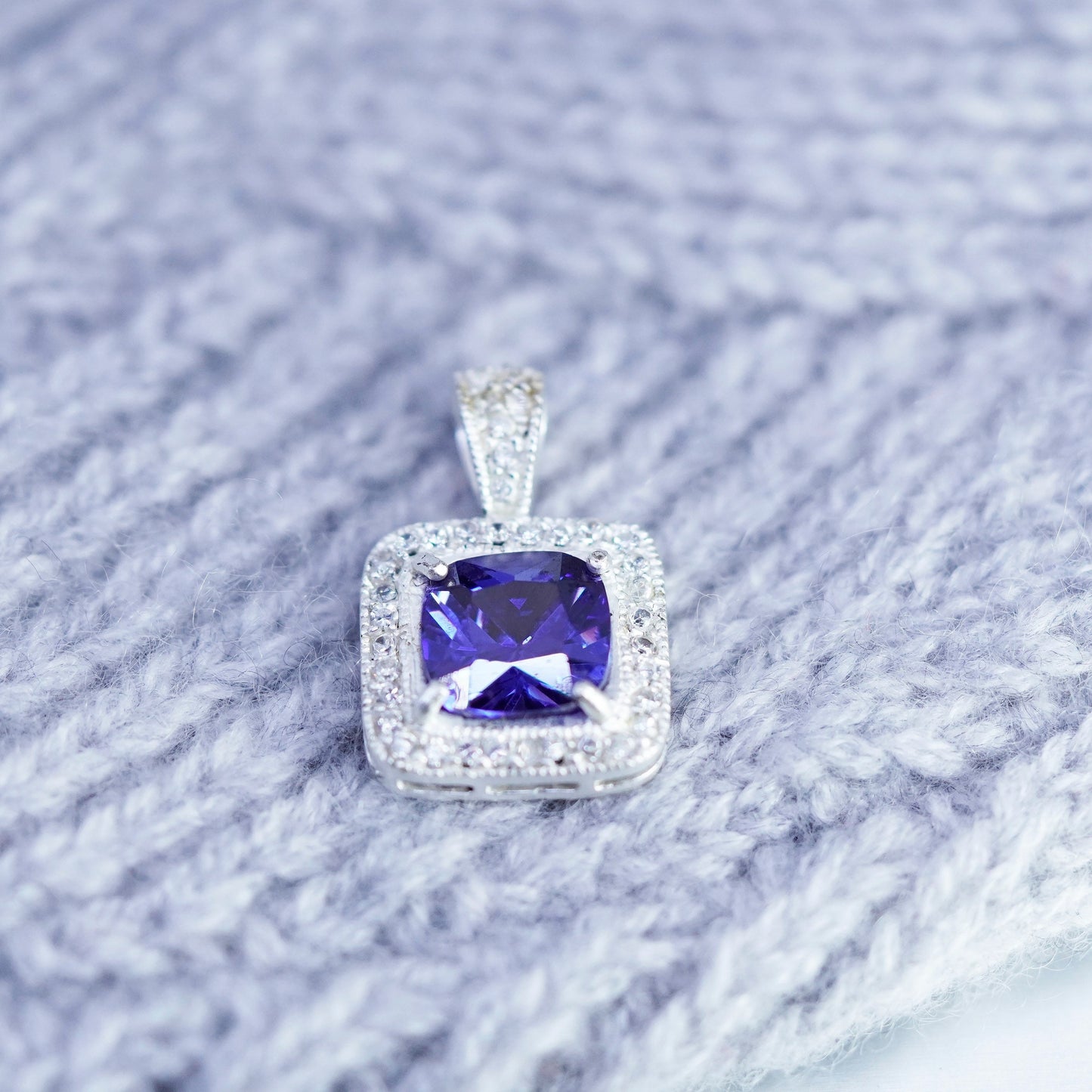 Vintage sterling 925 silver square pendant with amethyst and Cz