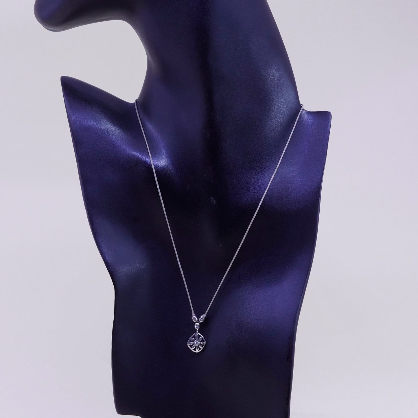 16”, Vintage linen necklace and Sterling 925 silver flower pendant