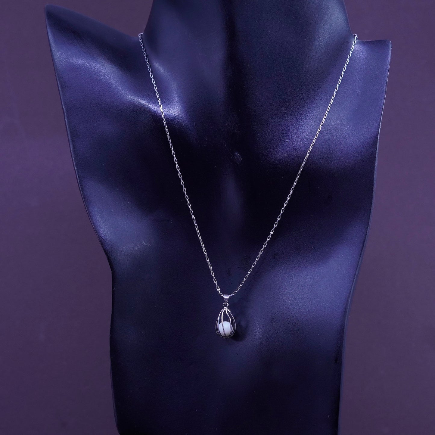 16”, Sterling silver handmade necklace, 925 elongated chain pearl cage pendant