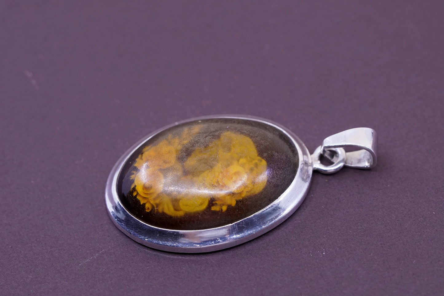 Vintage Sterling 925 silver handmade pendant with Amber cameo portrait