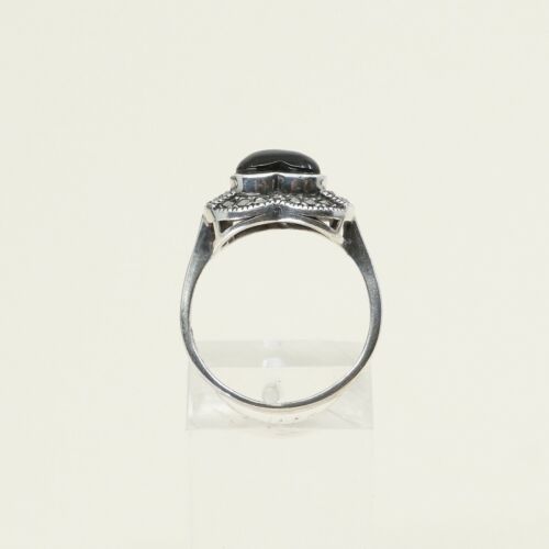 Sz 7.25, Sterling Silver handmade Ring, 925 Silver W/ Obsidian Heart n marcasite