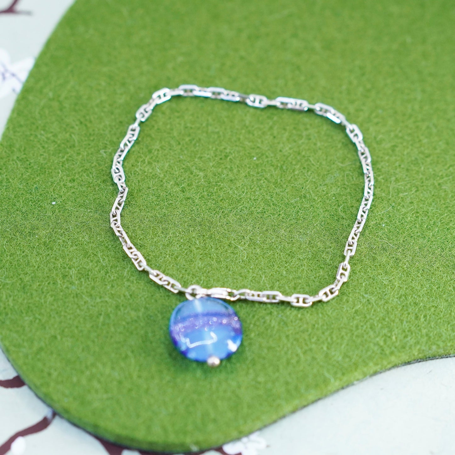 8.5”, sterling 925 silver bracelet, Italy anchor chain blue foiled glass charm
