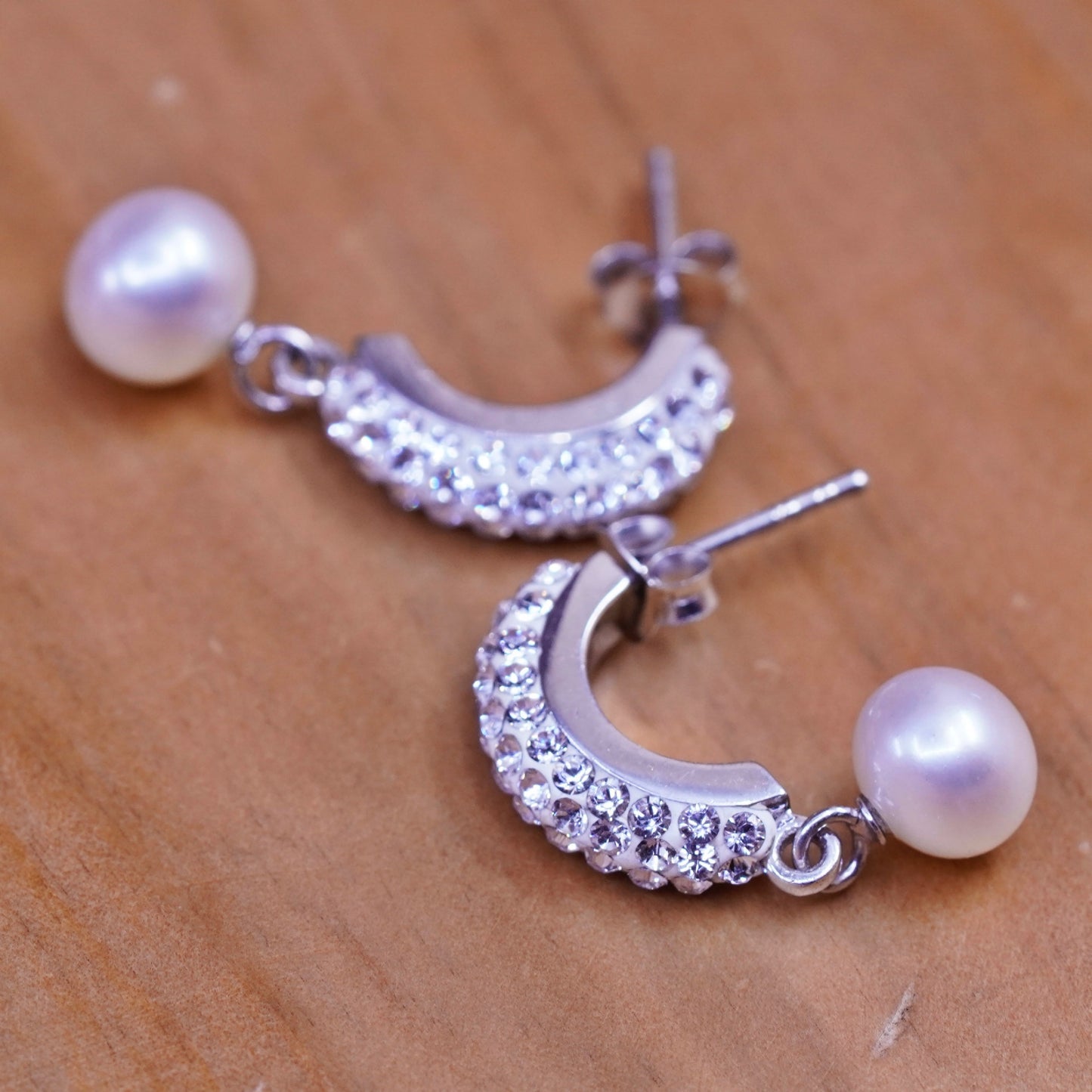 Vintage Sterling silver handmade earrings, 925 Huggie hoops cluster cz pearl