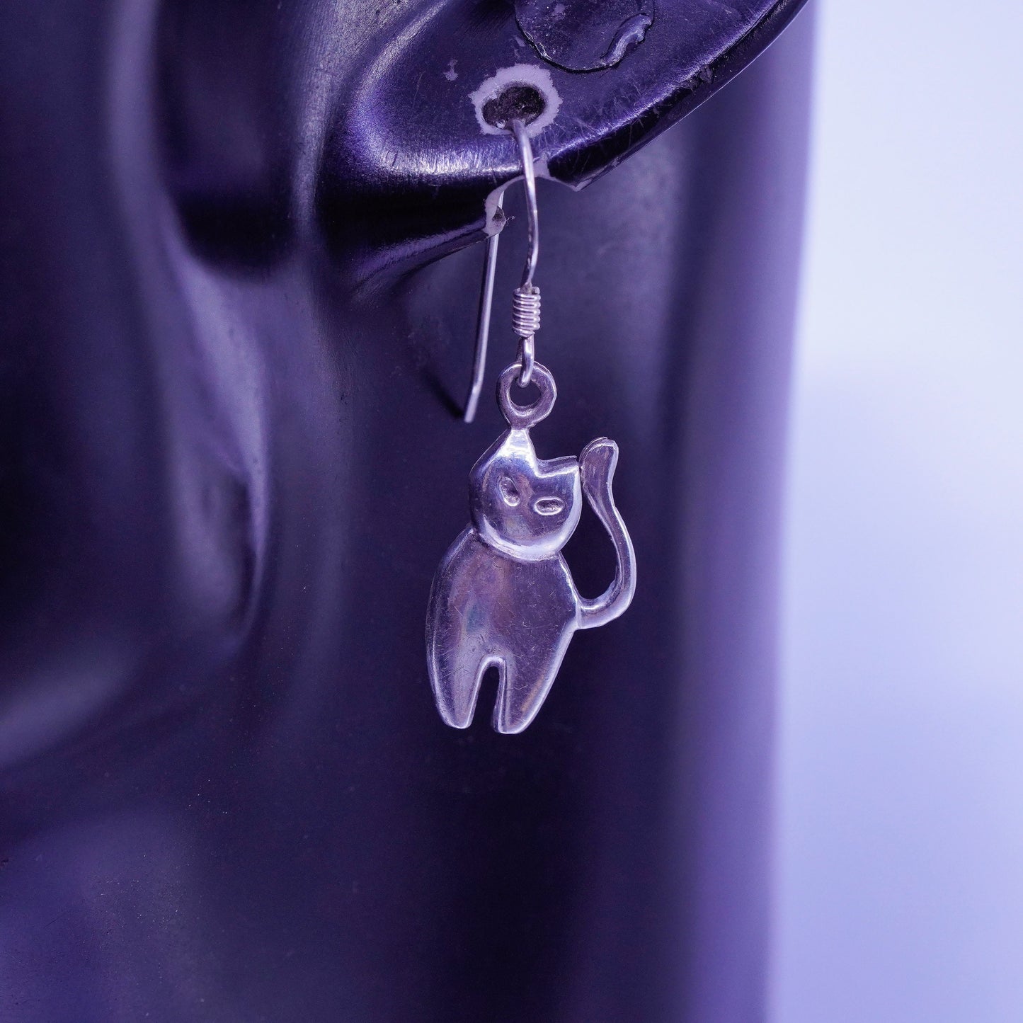 vintage Sterling silver handmade earrings, 925 cat kitty dangles