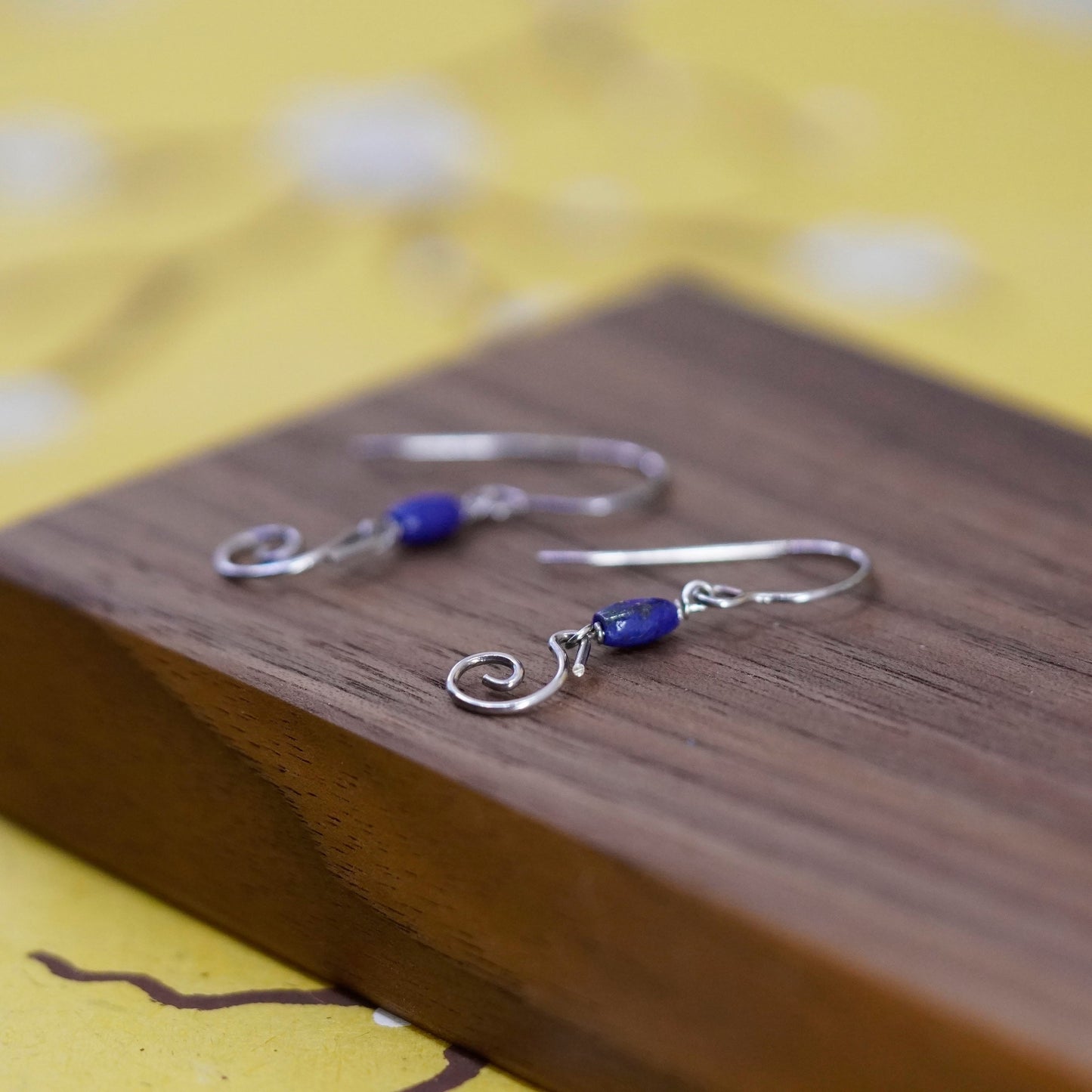 Vintage sterling silver handmade earrings, 925 swirly drops with lapis