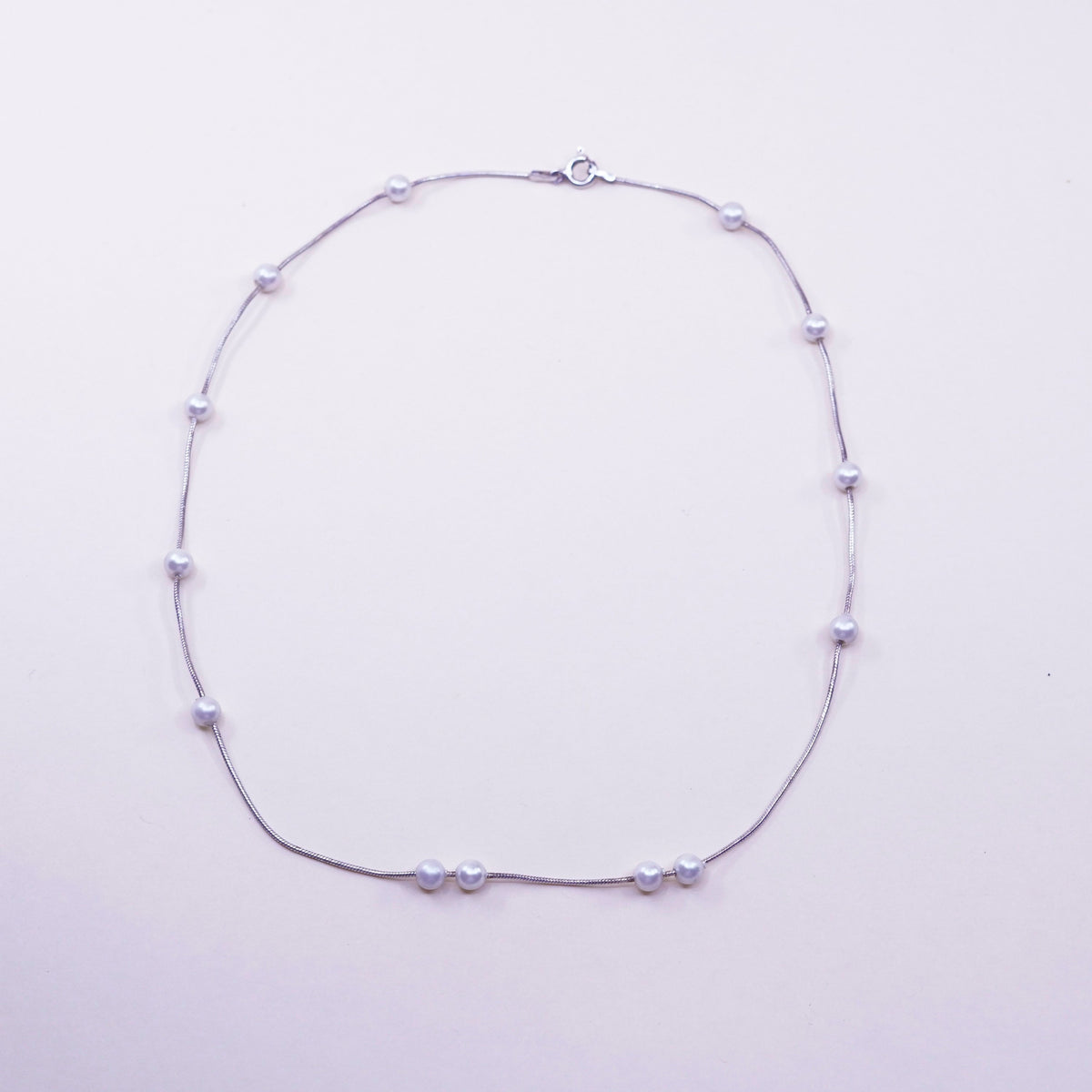 16”, Vintage handmade Sterling 925 silver Snake chain with pearl beads
