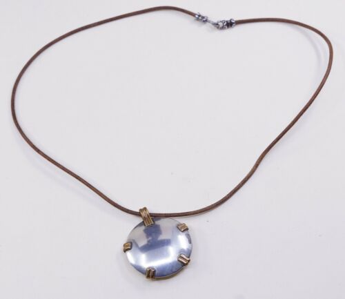 18”, Vtg USA Sterling 925 Silver Brass Disc Pendant W/ BROWN Leather Necklace