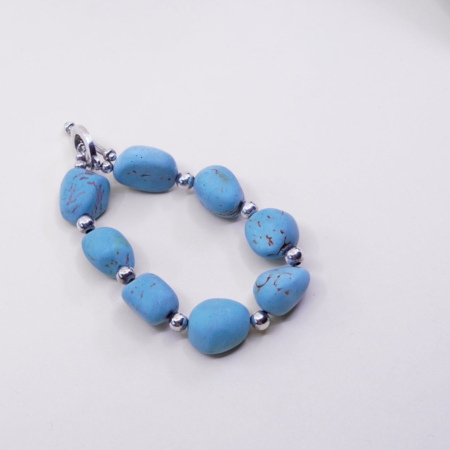 6.75”, Vintage Sterling 925 silver handmade bracelet, Mexico turquoise nugget