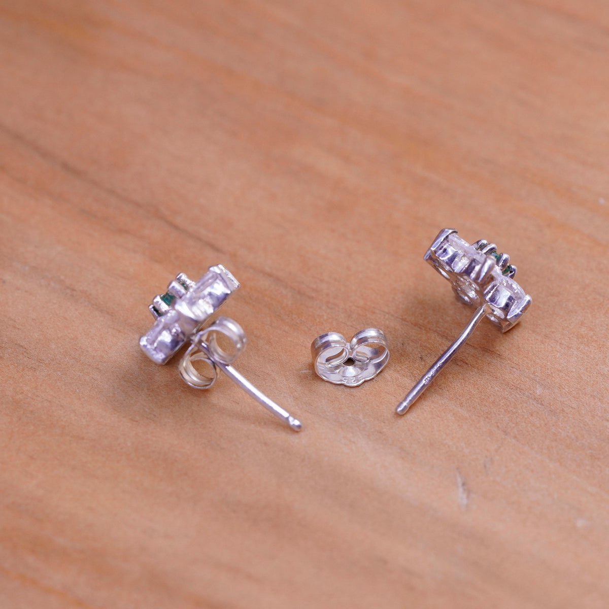 Vintage Vermeil Sterling silver clear flower studs earrings with cz and emerald