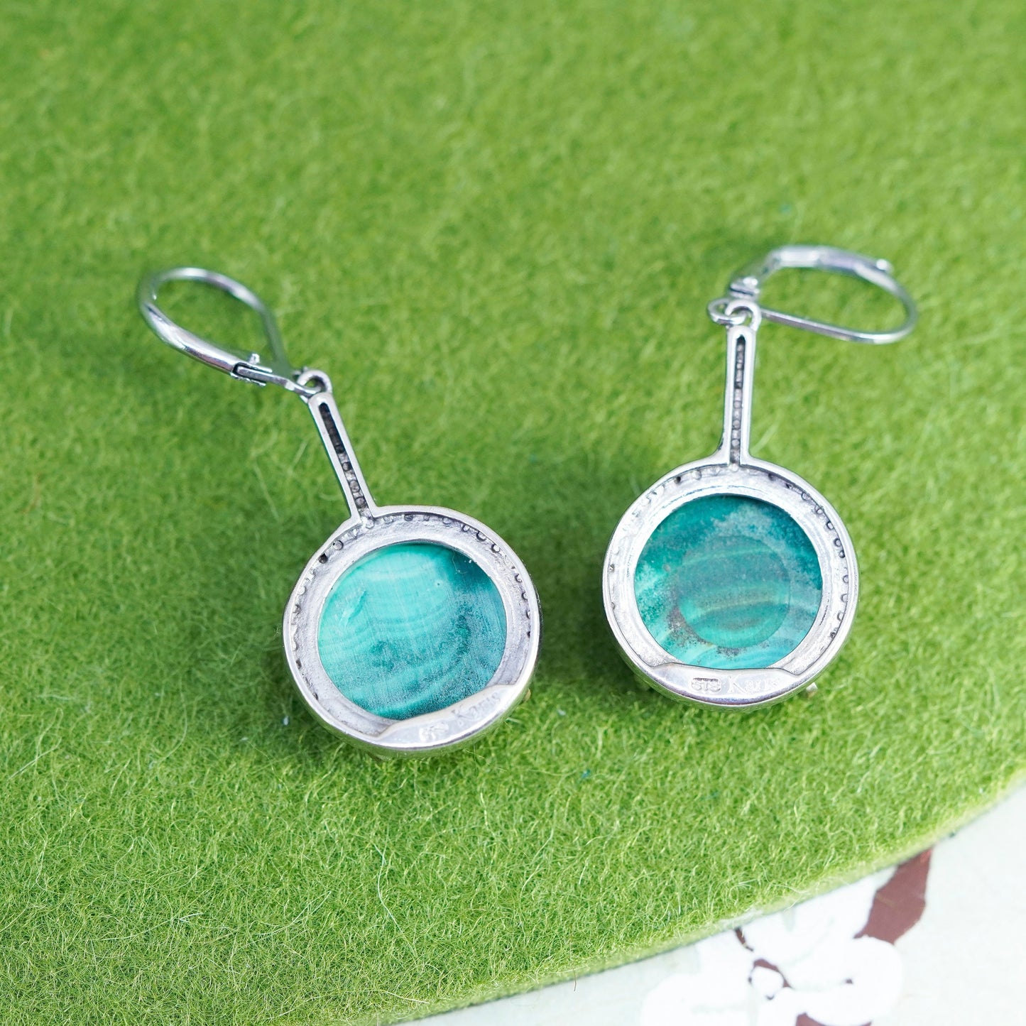 Vintage Karis sterling 925 silver handmade earrings with round malachite