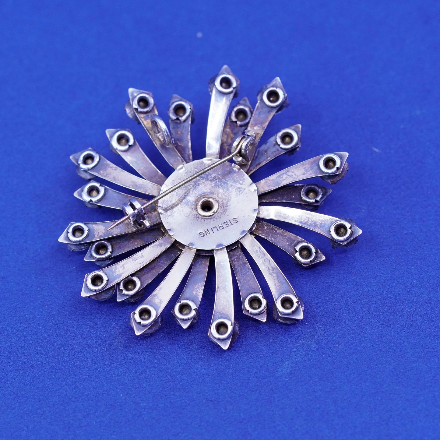 vtg Sterling silver handmade brooch, 1950s 925 flower snowflake pin rhinestone