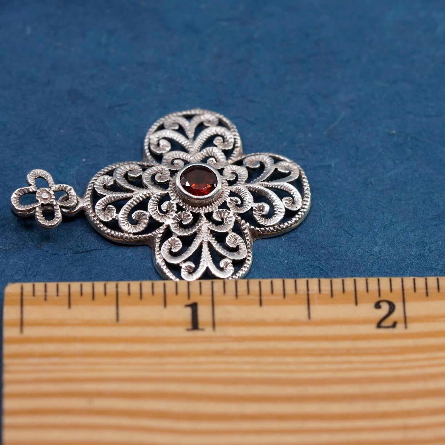 Vintage Sterling silver handmade pendant, 925 filigree lucky clover with ruby