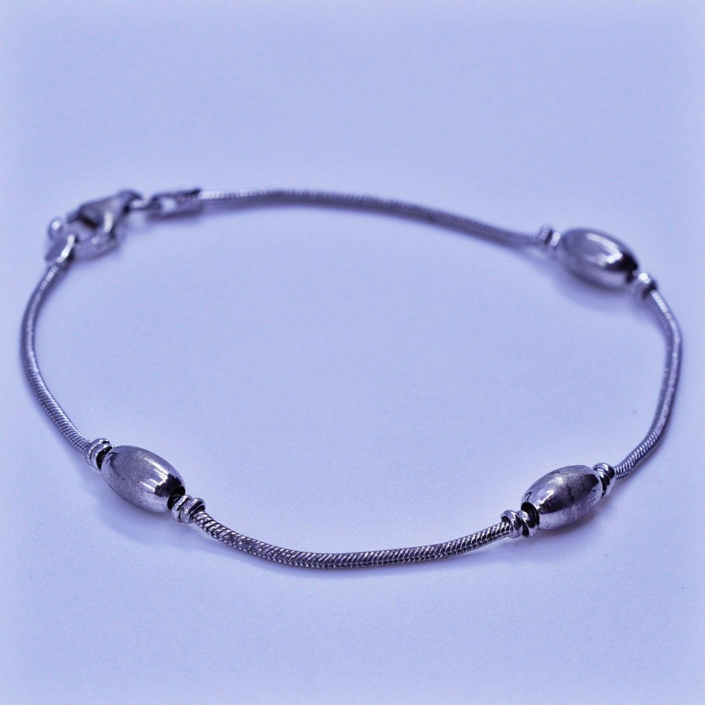 7.25”, 1mm, Sterling 925 silver handmade bracelet, snake chain with beads