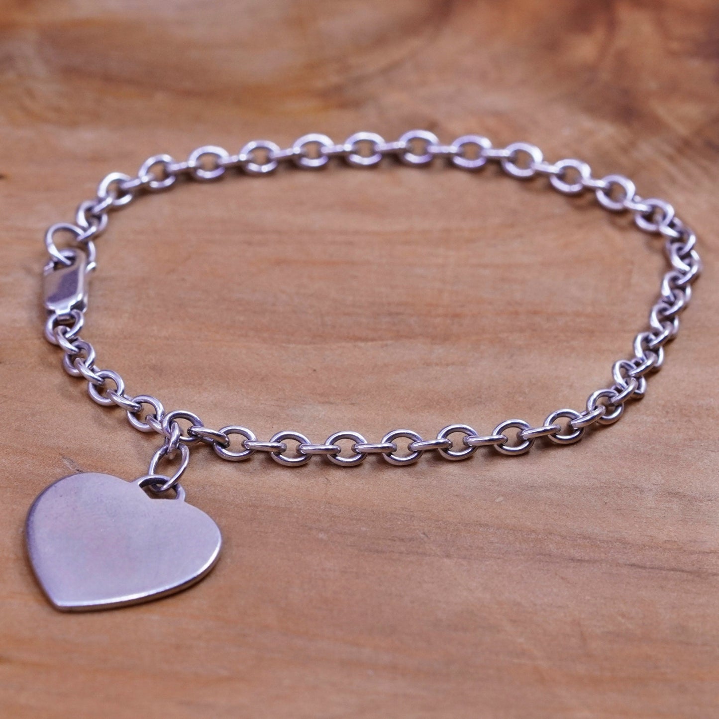 7.25”, vtg Sterling silver handmade bracelet, 925 circle chain heart tag charm