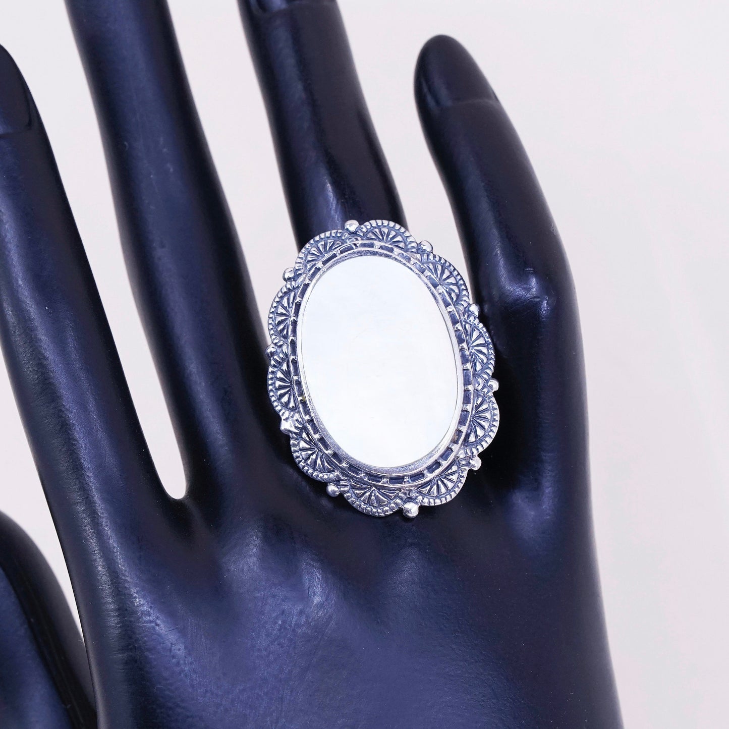 sz 10, vtg CFJ sterling silver handmade w/ opal MOP modern 925 cocktail ring