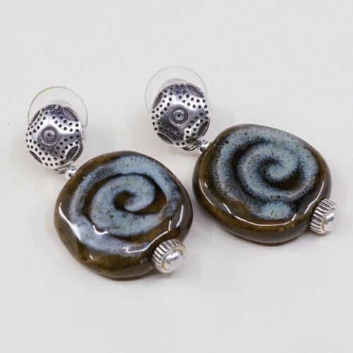 Vtg Modern handmade Sterling 925 Silver Earrings Round Green Swirl Glass