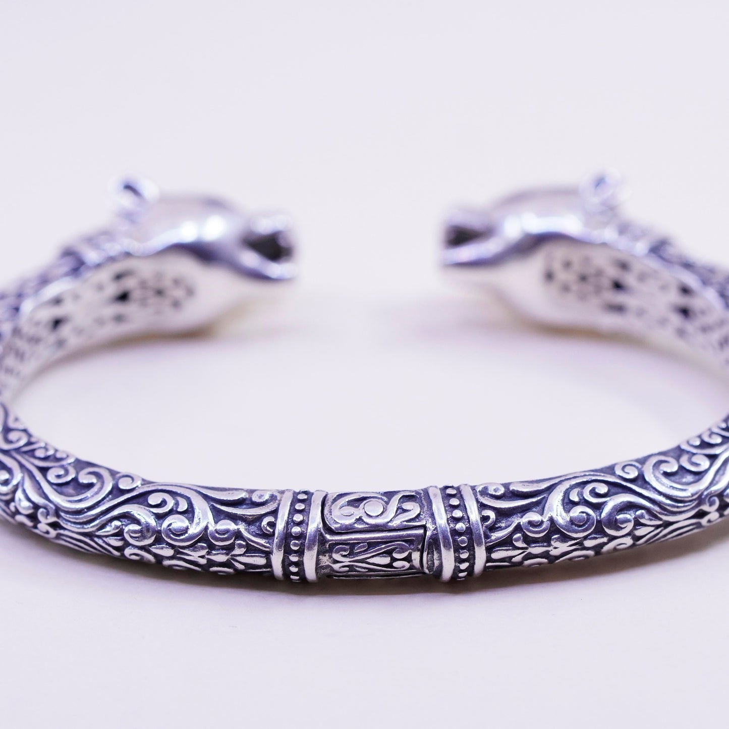 7”, designer 18K gold sterling silver Bali bracelet, 925 bangle leopard head