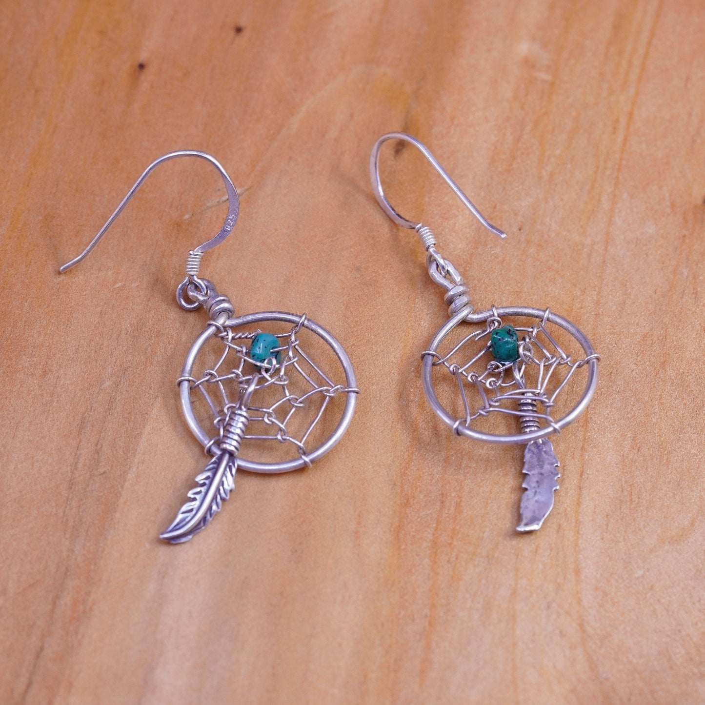Vintage Sterling 925 silver handmade net earrings with turquoise and feather