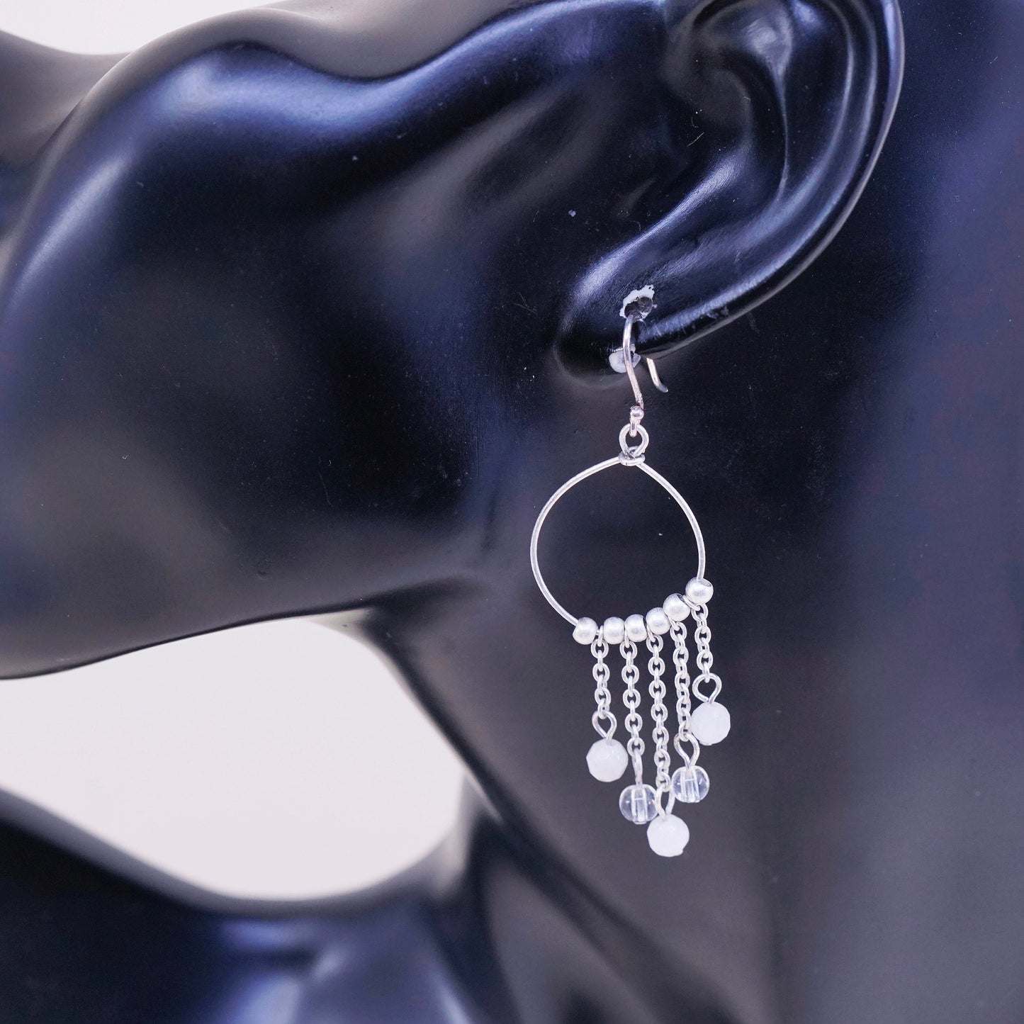 vtg sterling silver handmade earrings, 925 w/ cluster crystal fringe dangles