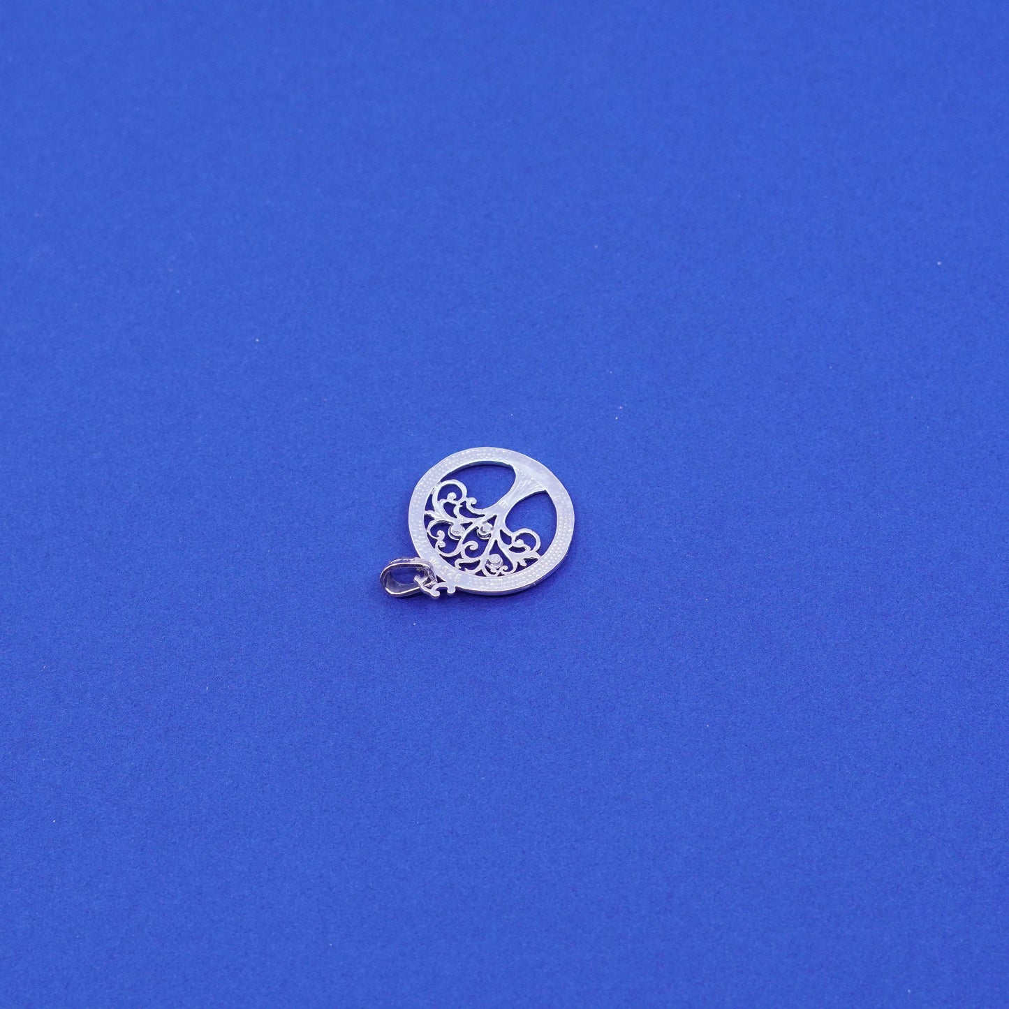 sterling silver handmade pendant, 925 circle w/ filigree tree 10K gold beads