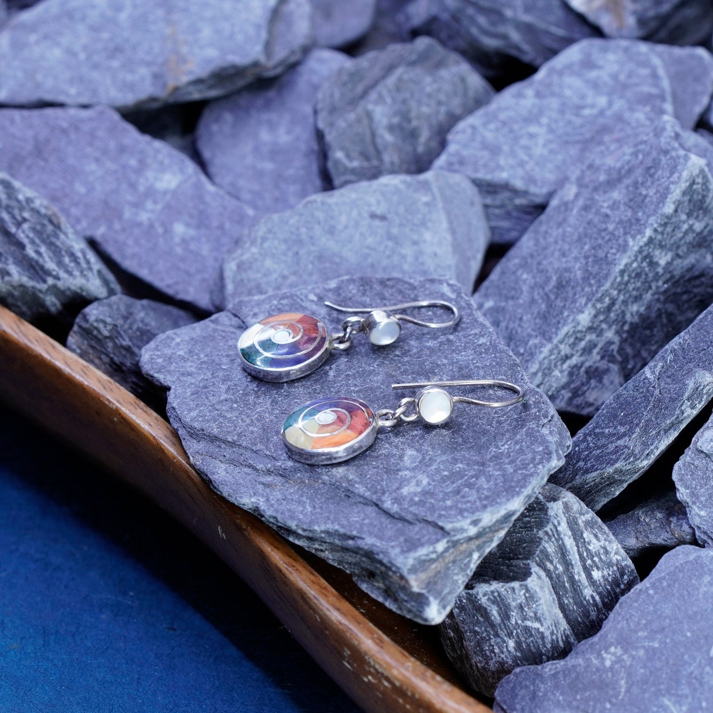 Sterling 950 silver earrings, Peruvian Inca silver turquoise, mother of pearl