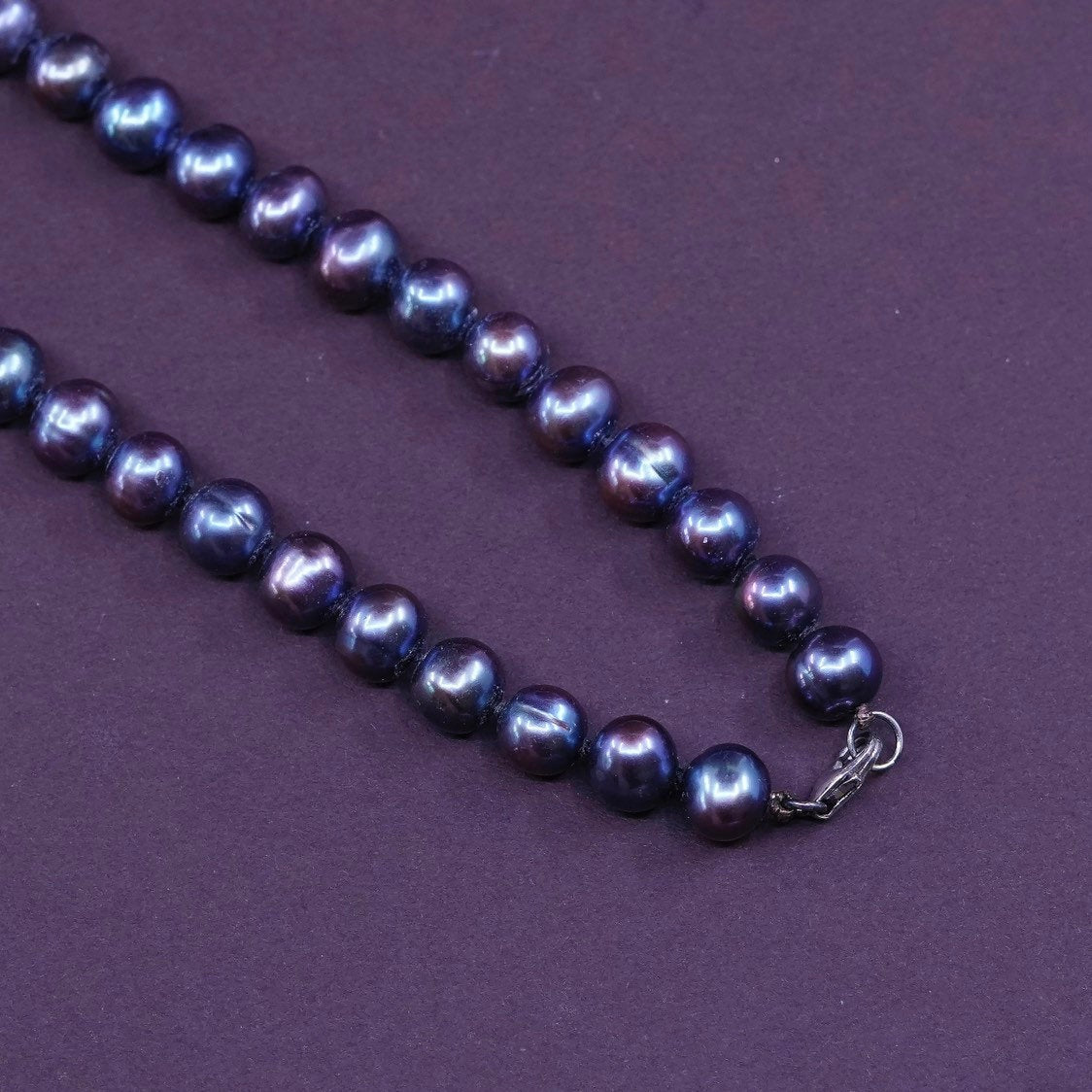 18", vtg Sterling silver handmade necklace, 925 clasp 7-8mm black pearl beads