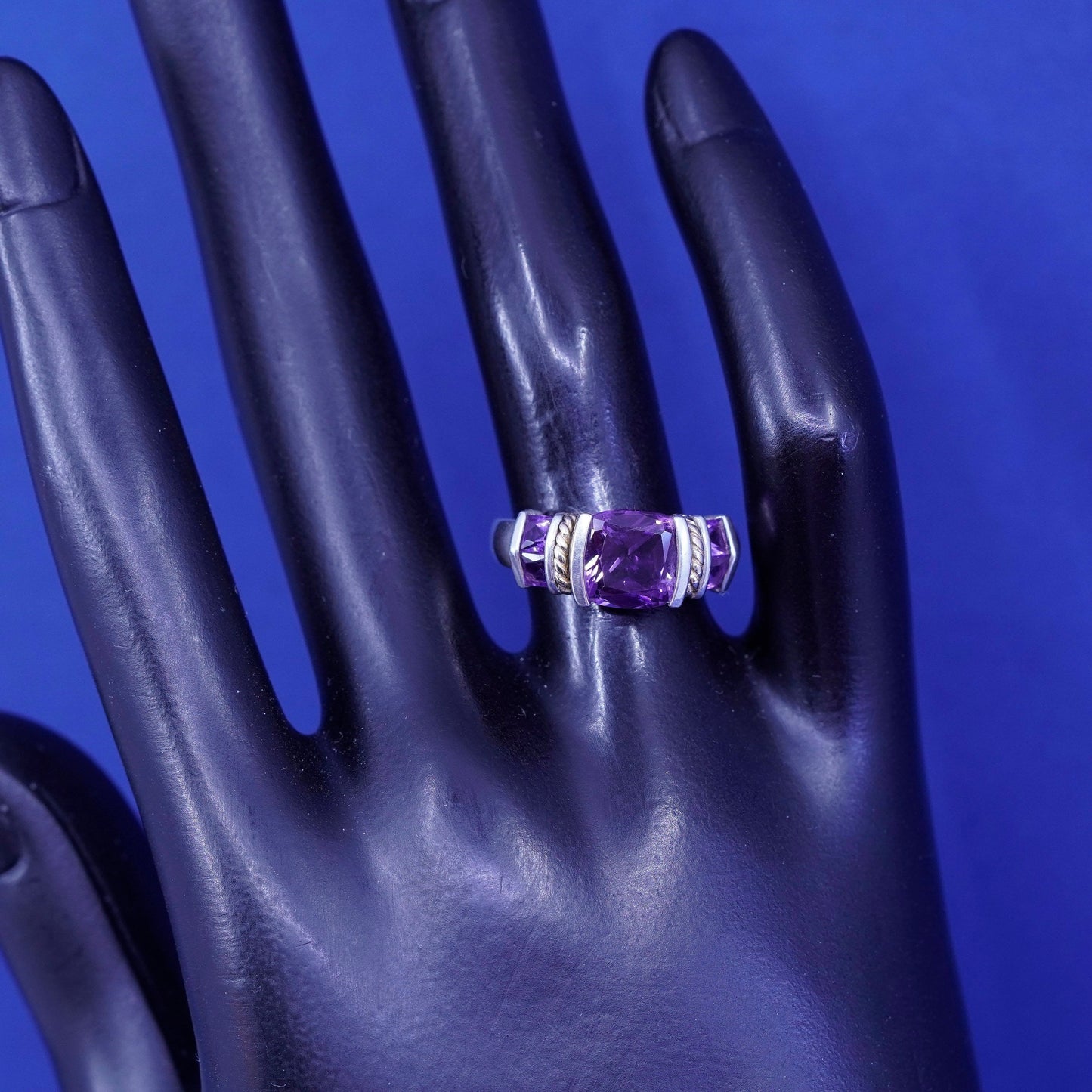 Size 6.25, vintage 14K gold cable Sterling 925 silver handmade ring amethyst