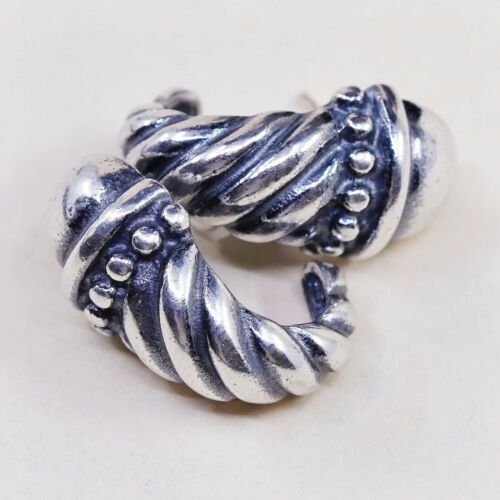 Vintage Sterling Silver Handmade Earrings, 925 Silver Ribbed Studs, Stamped 925