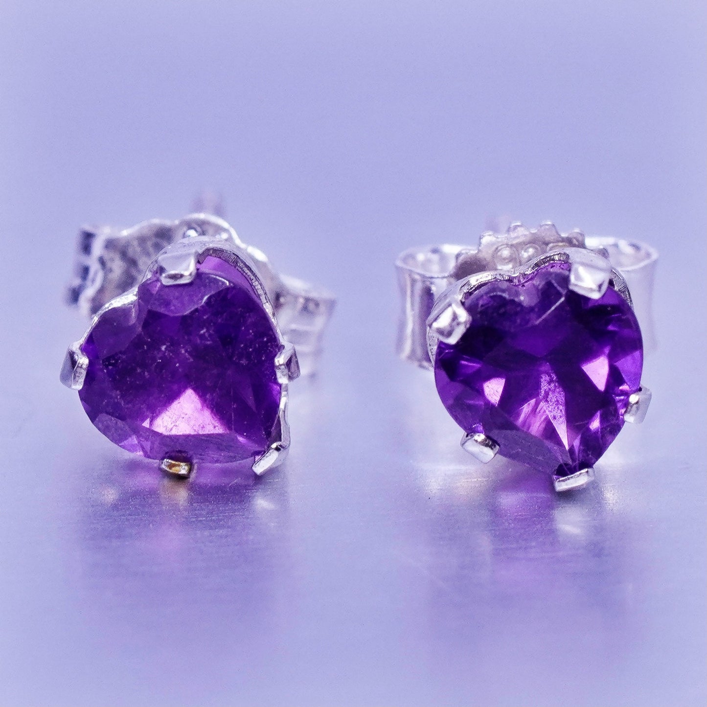 Vintage Sterling 925 silver earrings, studs with heart amethyst