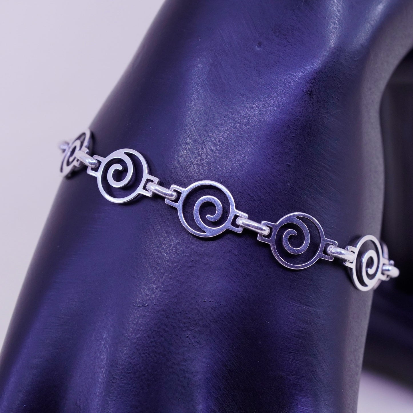 6.75”, Vintage Mexico sterling silver charm bracelet, 925 swirly link chain