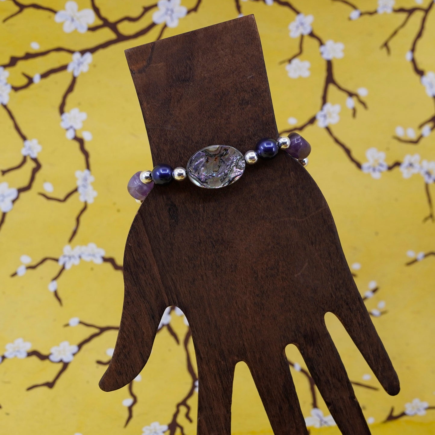 7”, Vintage Sterling silver handmade bracelet with abalone amethyst beads