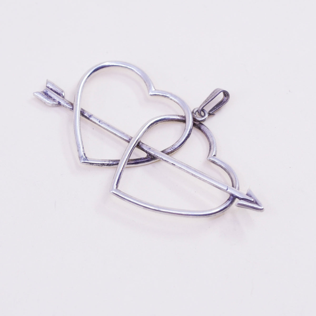 Vintage sterling silver handmade pendant, 925 double heart with arrow