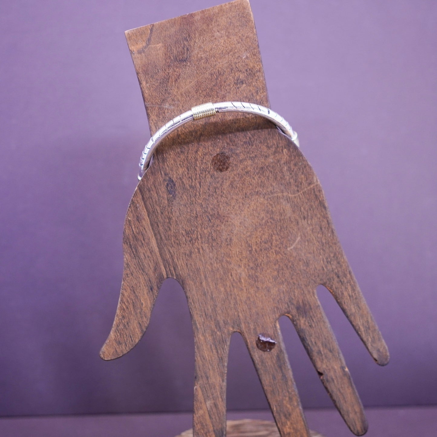 8”, antique two tone sterling silver bracelet, 925 textured bangle brass wires