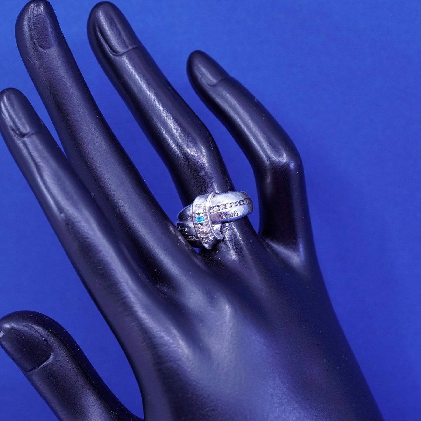 sz 6.25, Sterling 925 silver engagement ring blue pink crystal “Johnny Kaitlin