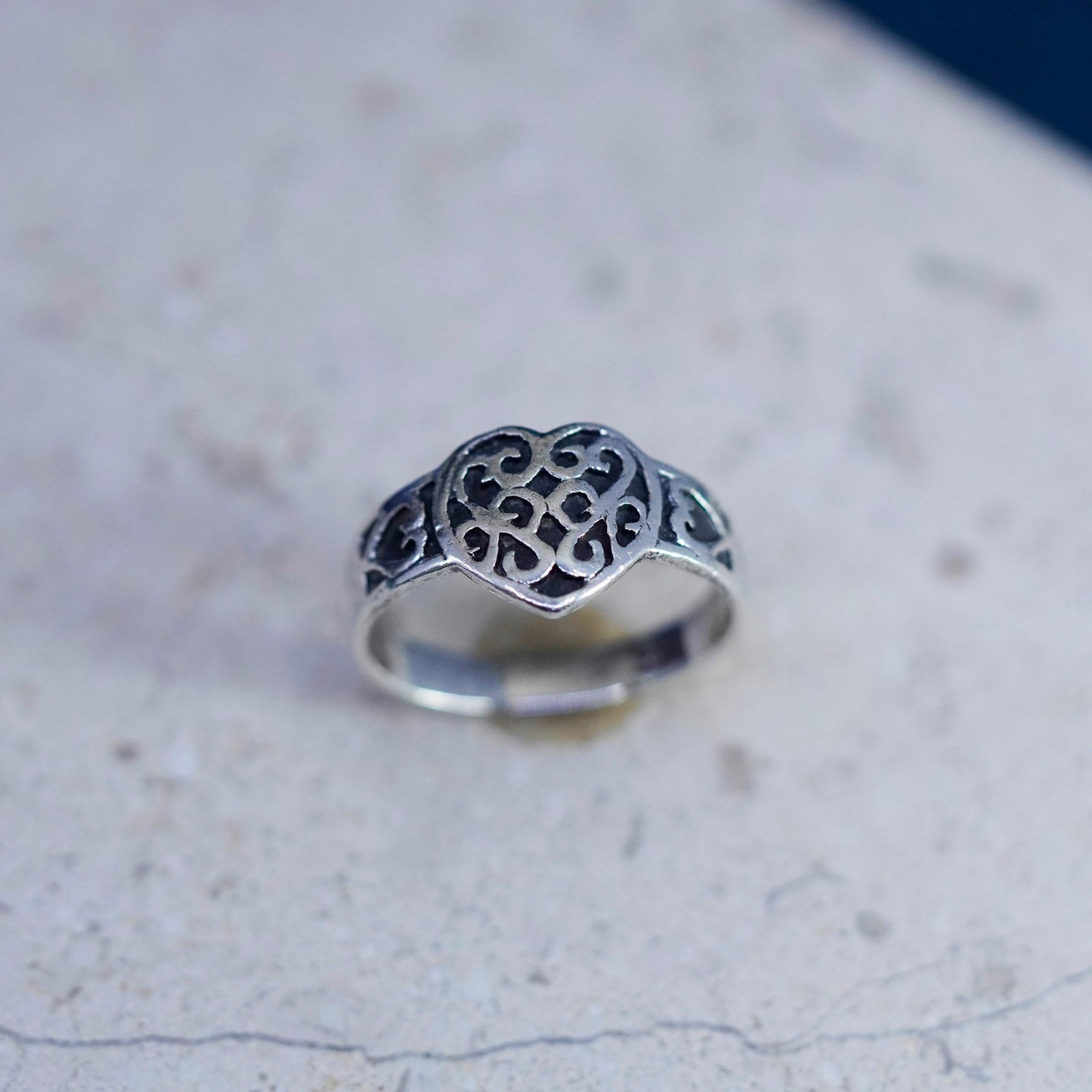 Size 7, vintage sterling silver handmade ring, 925 textured heart band