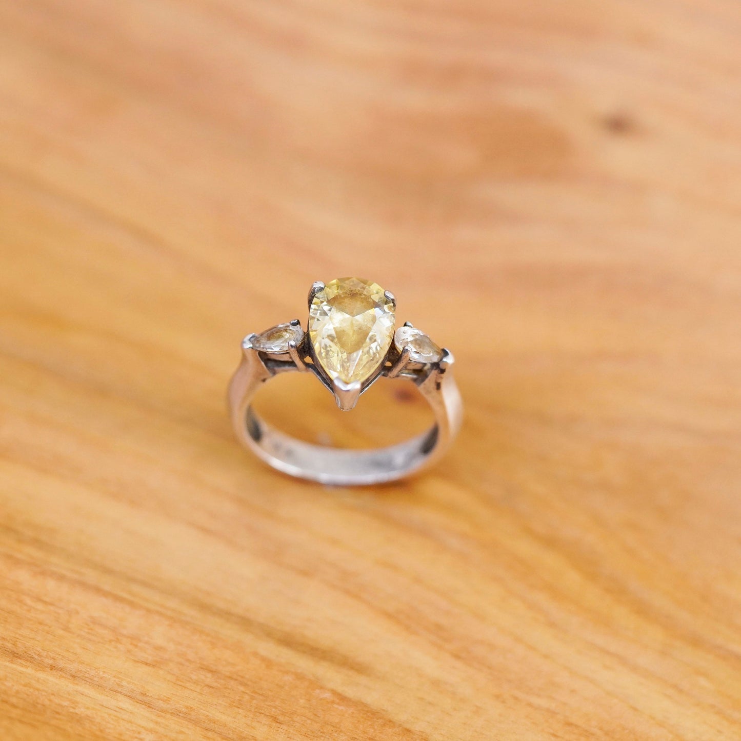 Size 8, vintage Sterling 925 silver handmade ring with teardrop citrine and cz