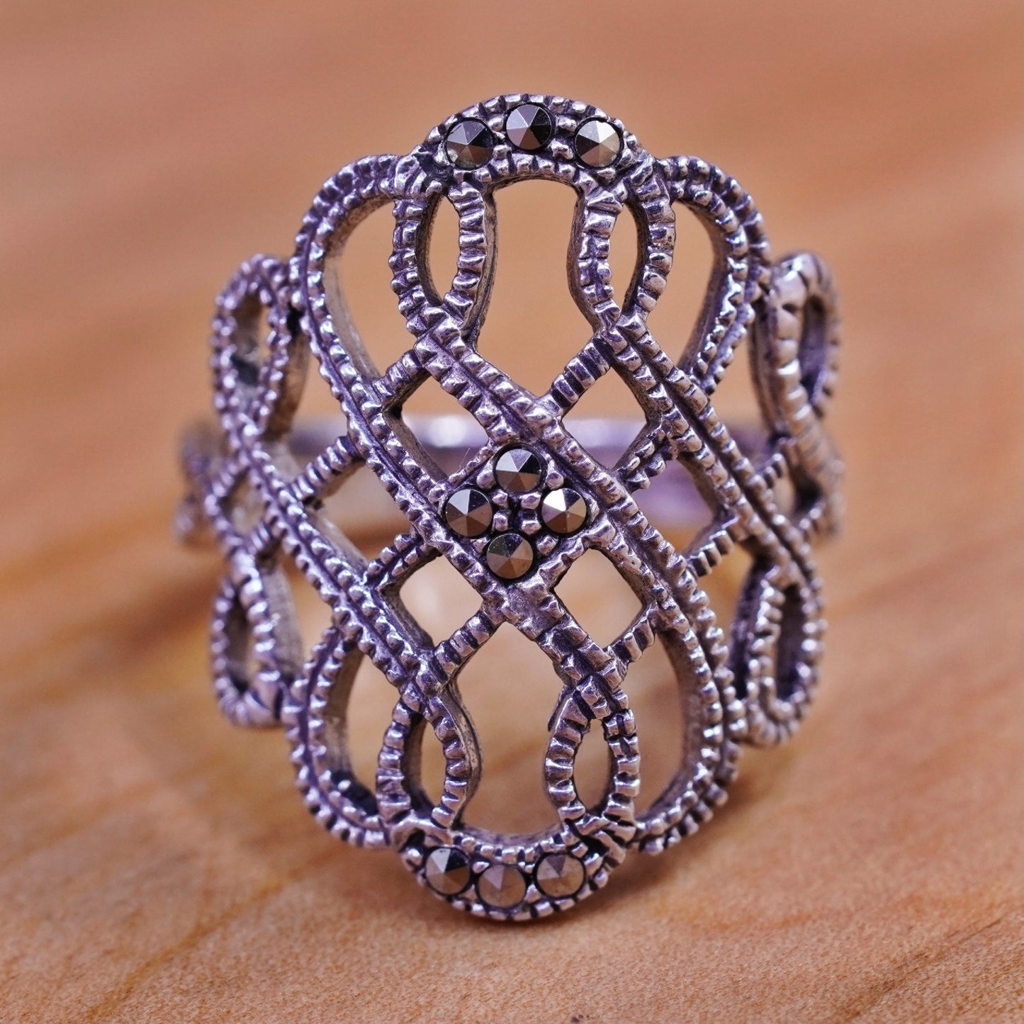 Size 5.5, vtg Art Deco Sterling silver handmade ring, wide 925 band marcasite