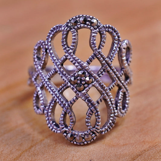 Size 5.5, vtg Art Deco Sterling silver handmade ring, wide 925 band marcasite