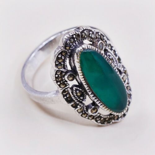 Sz 7.75, Sterling Silver handmade Ring, 925 Silver W/ Emerald n marcasite