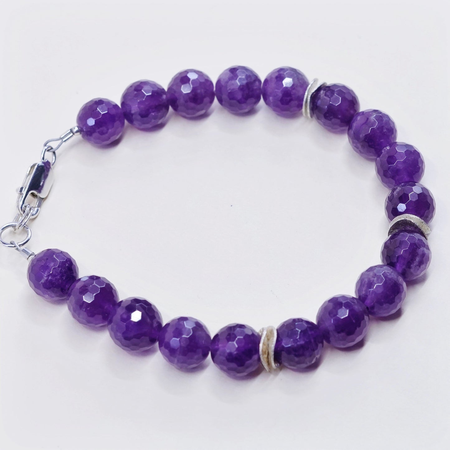 7.5” Vintage Sterling 925 silver handmade bracelet, natural amethyst beads