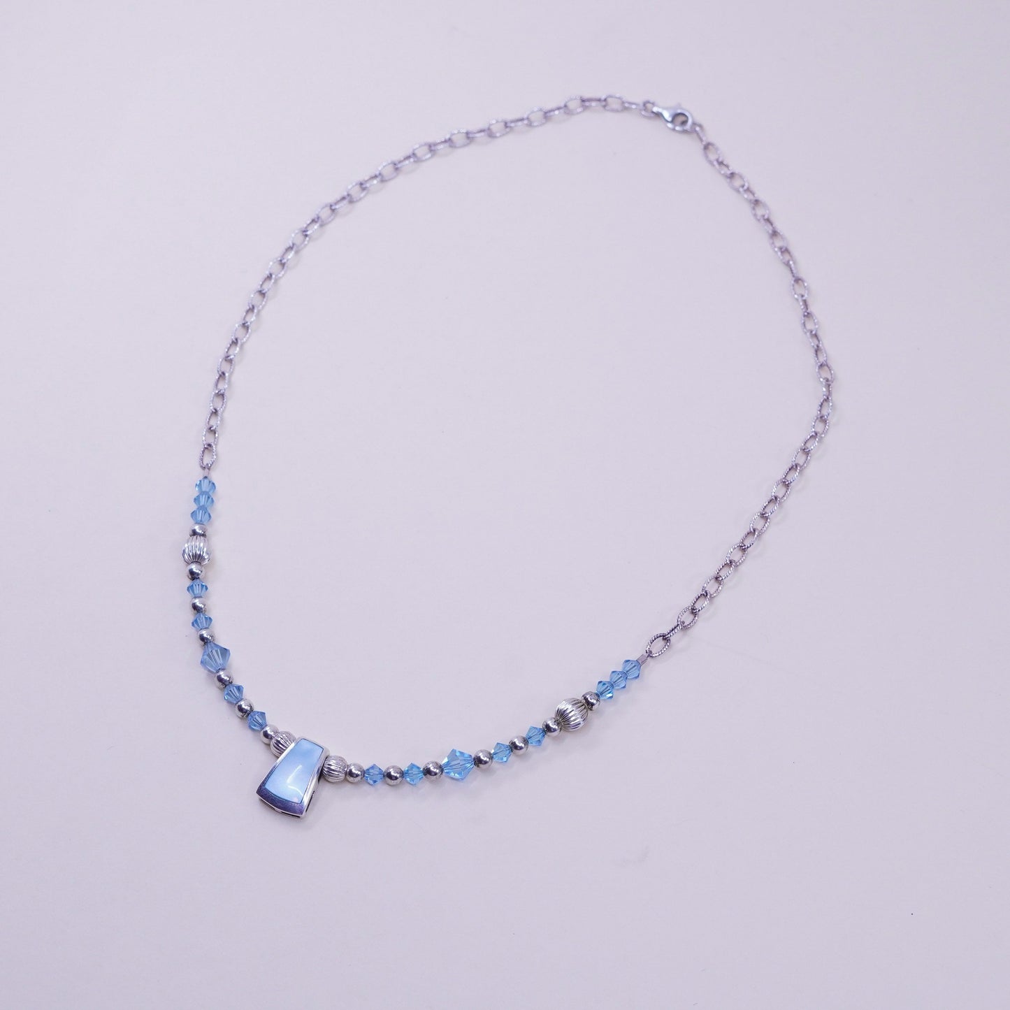 17”, Sterling 925 silver necklace with crystal beads mother of pearl pendant