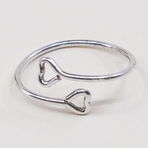Size 7, Vtg Sterling Silver Handmade Ring, 925 Silver Band W/ Double Heart