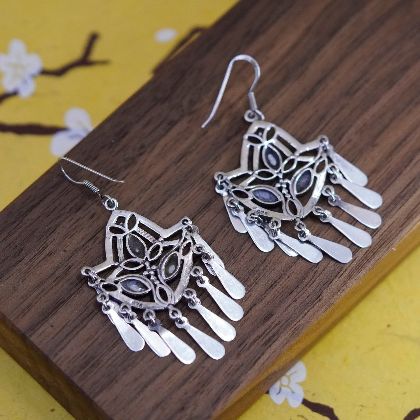 Vintage Sterling 925 Silver Handmade Earrings with mother of pearl fringe