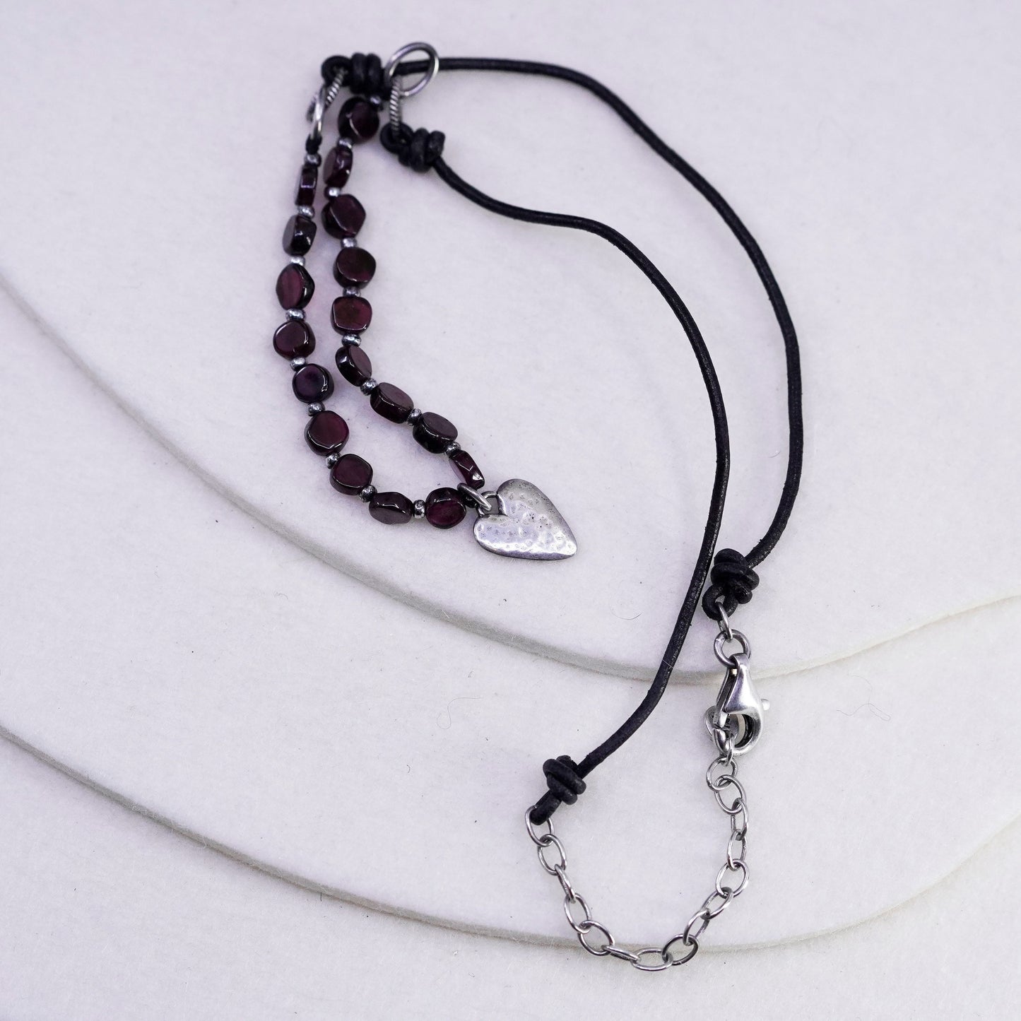 18”, Silpada RARE N1898 Garnet Leather Sterling Silver Heart Pendant Necklace